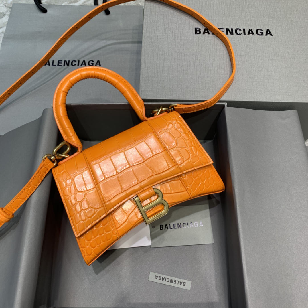 Balenciaga Hourglass XS Handbag Crocodile Embossed Shoulder Bag Orange